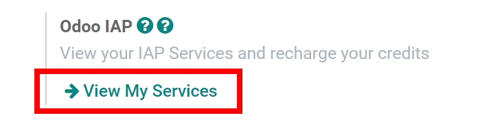 Captura de pantalla de la opción para comprar créditos en los ajustes de IAP de Odoo.