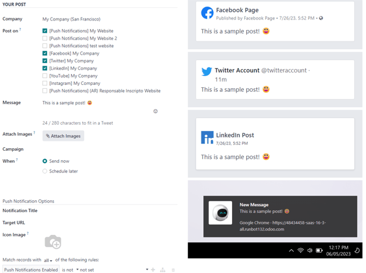 Publicación de red social de ejemplo con muestras visuales de cómo se verá en diferentes redes sociales.
